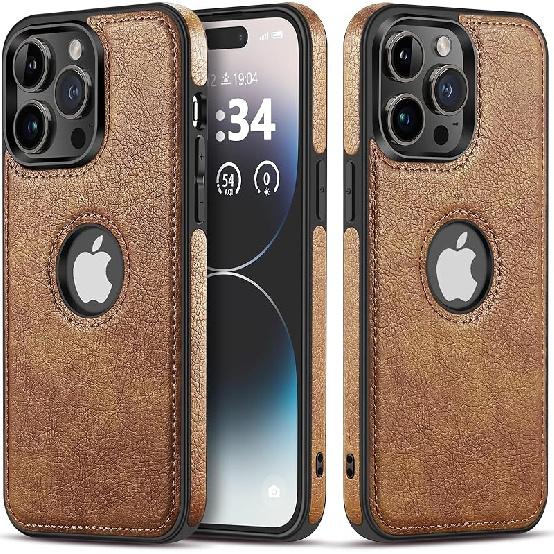 Unique Design Luxury Leather Business Phone Case for iPhone 15 Pro Anti-Slip Scratch Resistant Ultra Slim Protective Case (2023,6.1”) (Brown)