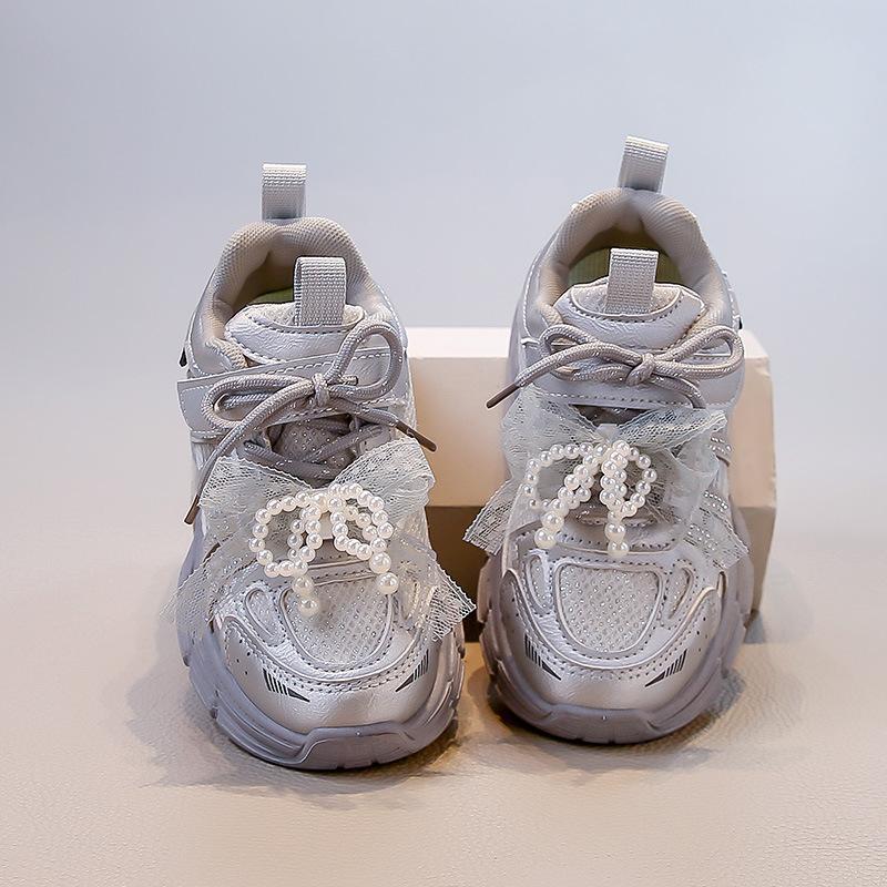 

Спортивная обувь для девочек удобная и дышащая модные кроссовки папы 2025 осень новинка зарубежный стиль жемчужный бант туфли принцессы 37 серый