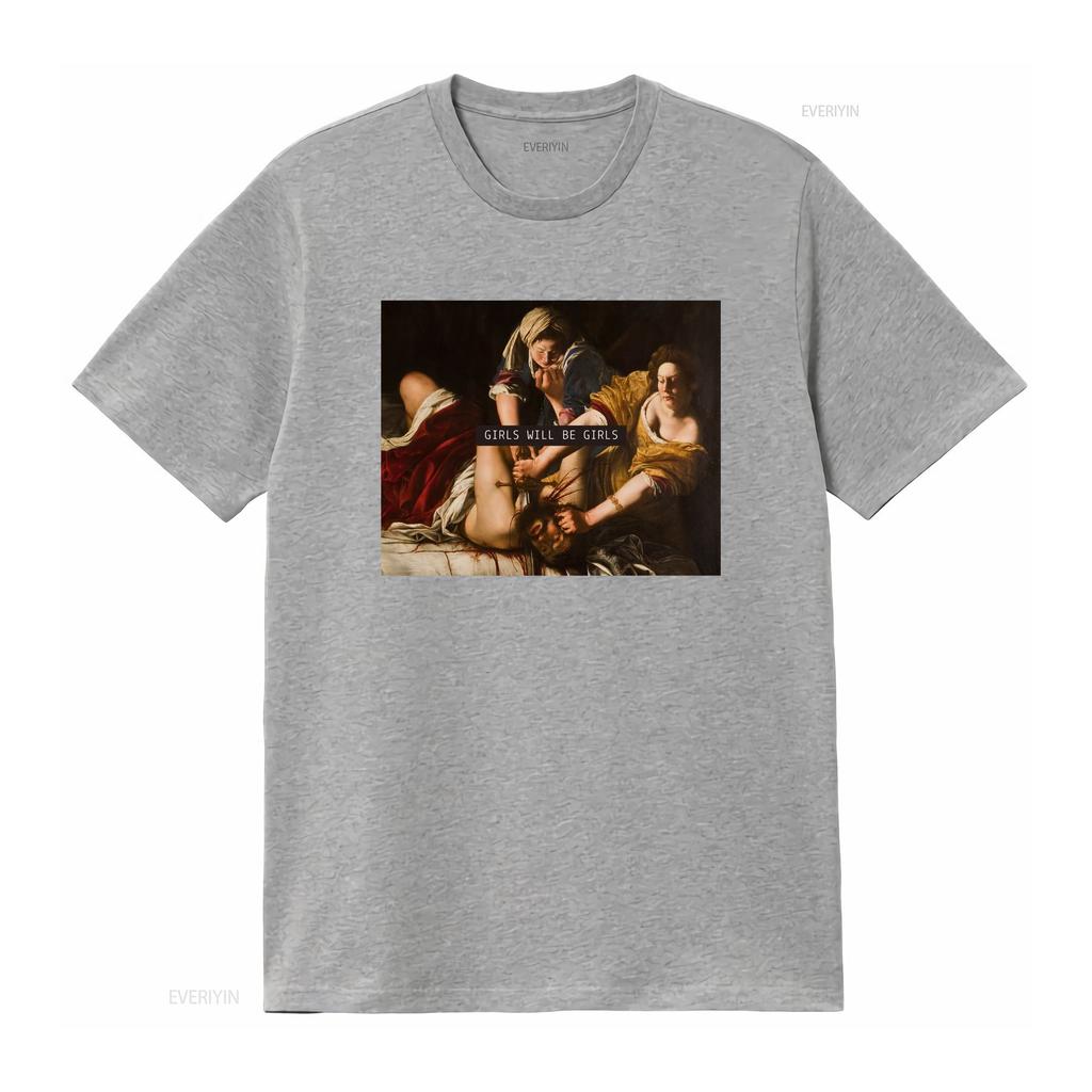Girls Will Be Feminist ArT T Shirt Baroque Judith Slaying Holofernes Dark Academia Classic Painting Women Vintage Washed