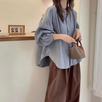 Damen gestreiftes Hemd mit Knöpfen lässige Stehkragen-Bluse Langarm lockere Oberteile Para Mujer