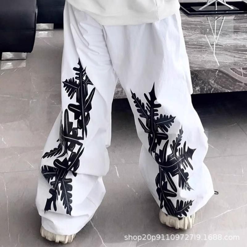 

High Street Parachute Tooling Casual Pants Women s Drawstring Loose Pleated Wide Leg Jazz Dance Sports Long Pants M белый