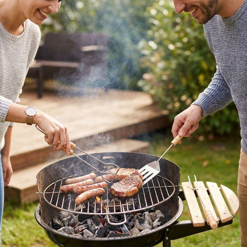 3Pcs Wood Long Handle BBQ Spatula Tongs Fork Set Heat Resistant Barbecue Utensils Grilling Picnic