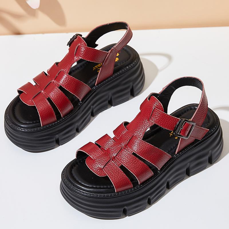 Fashion GKTINOO 6cm New Women Sandals Buckle Slides Cow Genuine Leather Summer Fashion Platform Wedge Luxury Females Comfy Ladies Shoes