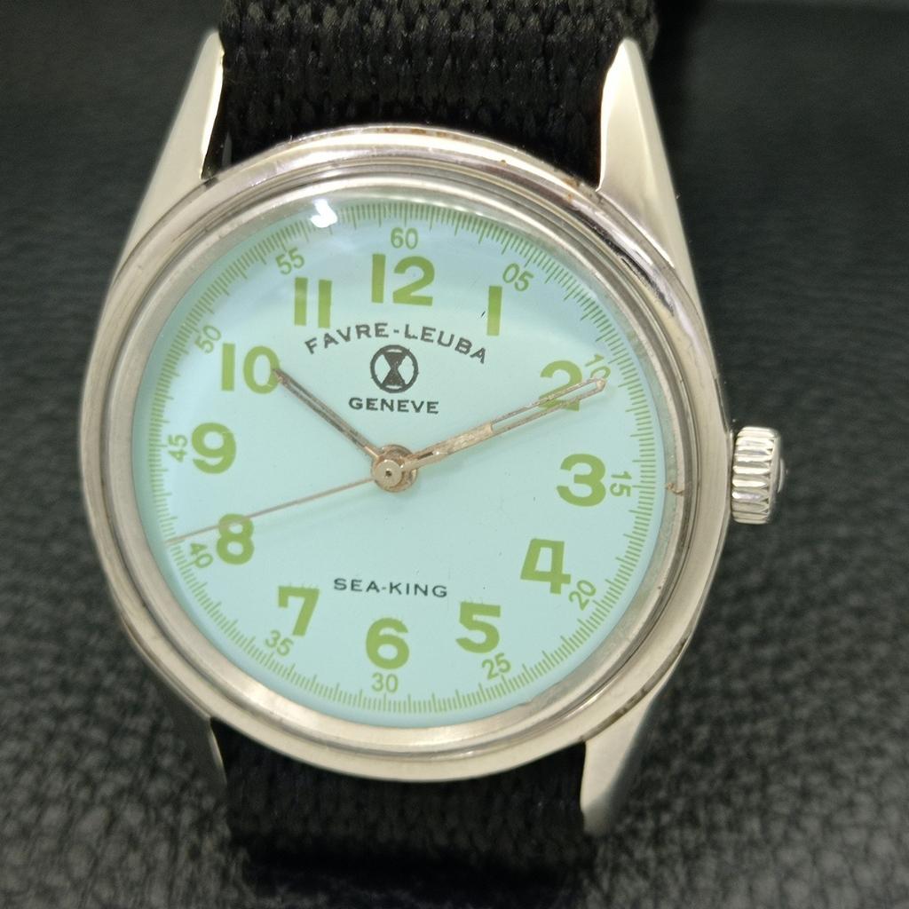 VINTAGE FAVRE LEUBA 253 HAND-WINDING SWISS MENS SEA GREEN DIAL WATCH a436414-2 R129-a436414