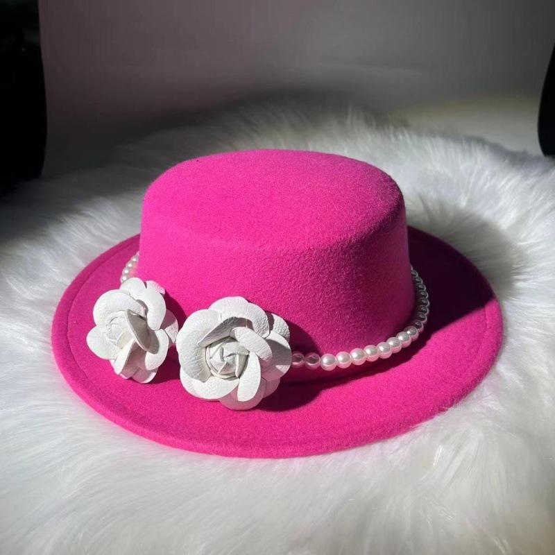 French Retro Pearl Flower Wool Flat Top Top Top Hat Autumn and Winter Small Fragrant Wind Big Brim Street Shot British Woolen Hat