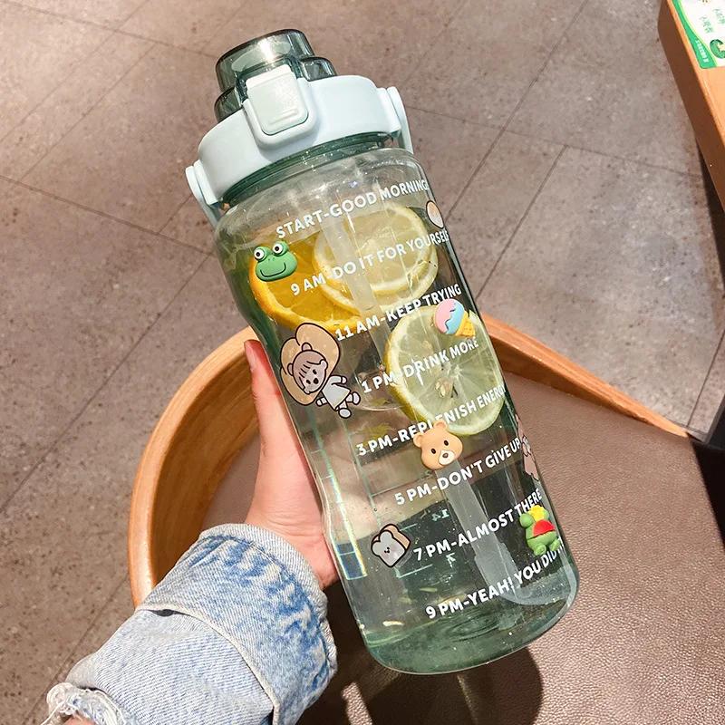 2L Sports Straw Water Bottle with Stickers Portable Large Capacity Fitness Bike Cup Summer Ice Cold Water Jug with Time Marker