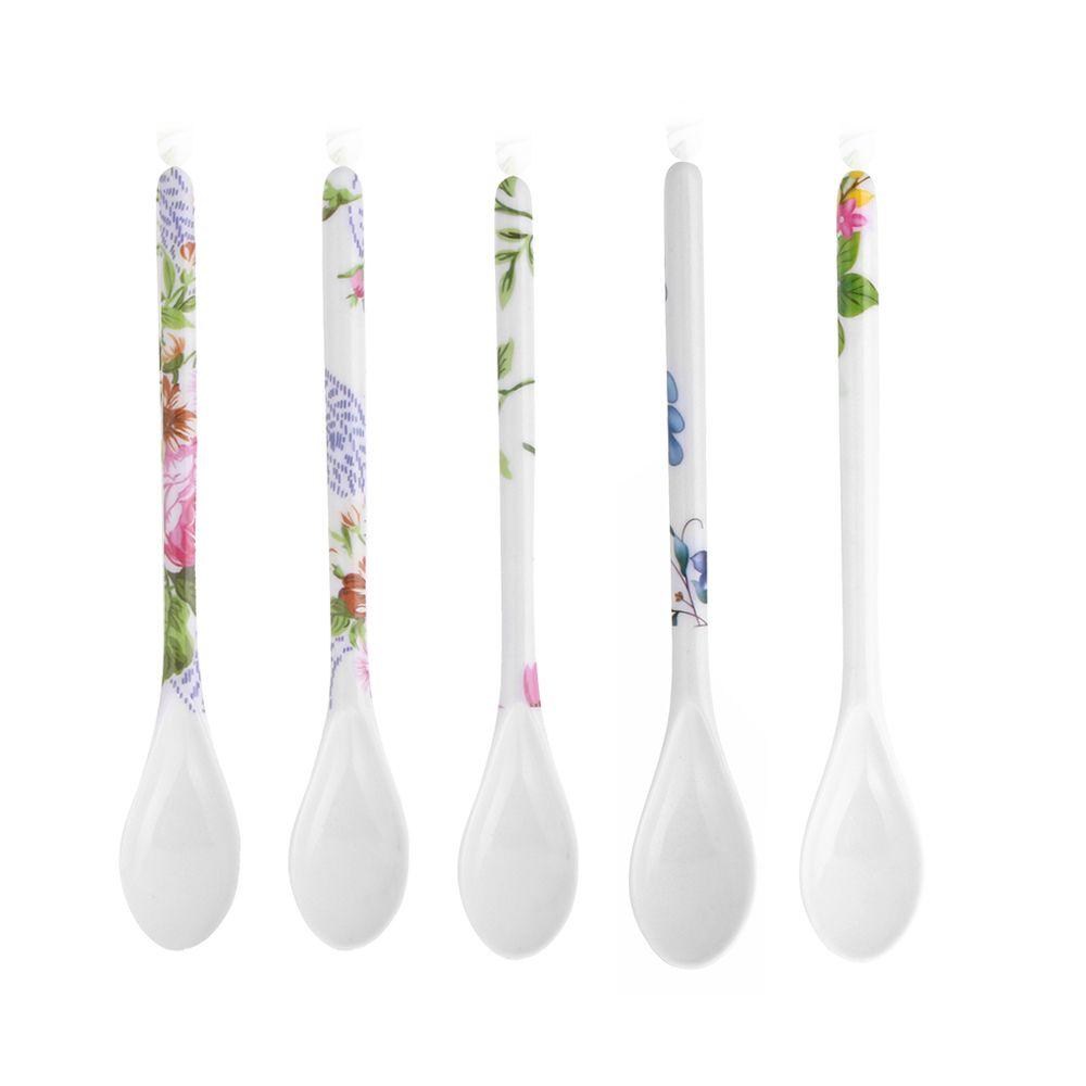 

5 PCS Flatware Tea Dessert Porcelain Spoon Melamine Scoop Coffee Sugar Long Handle