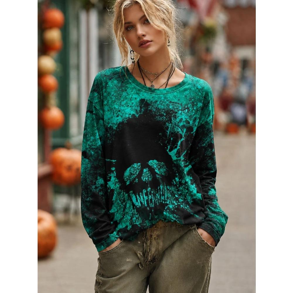 Tops for Women Skull Print Round Neck Long Sleeve T-shirt Fall Casual Slim Pullover Women's Long Sleeve Top