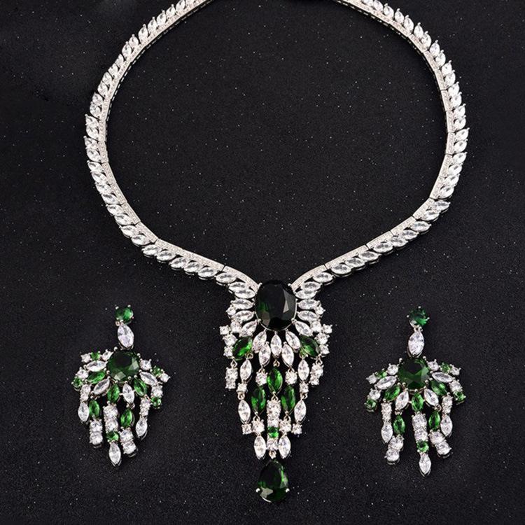 Premium Luxury Bridal Zircon Necklace Earrings Set Tassel Gala Wedding Dress Accessories Women