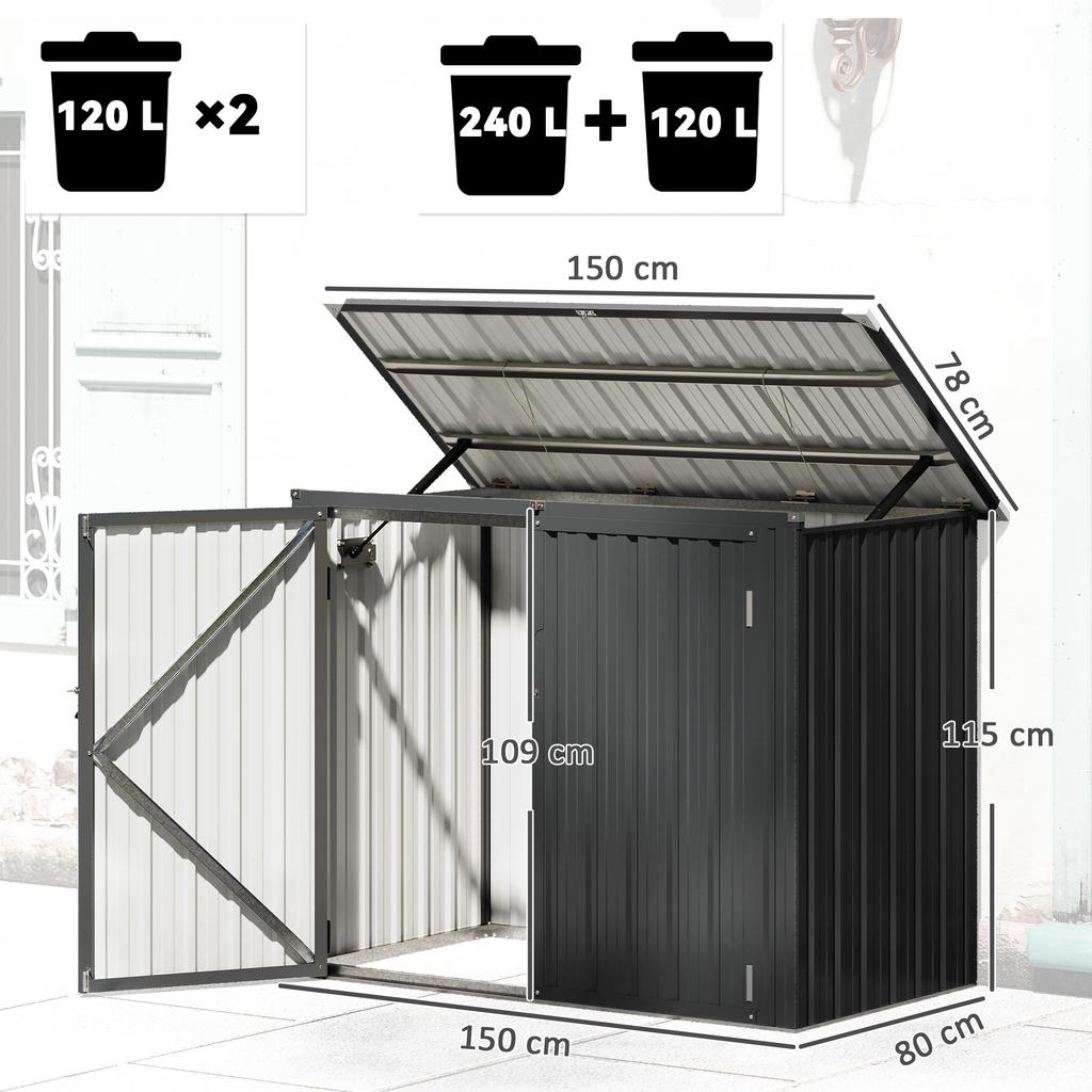 Garbage Bin Box for 2 Bins, Lockable, Bin Enclosure with Hinged Lid, Dark Grey