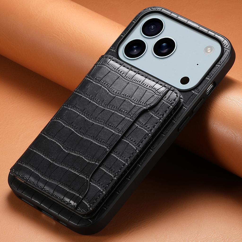 For iPhone 17 Pro Max Case Card Holder Kickstand Crocodile Texture Leather Back Phone Cover