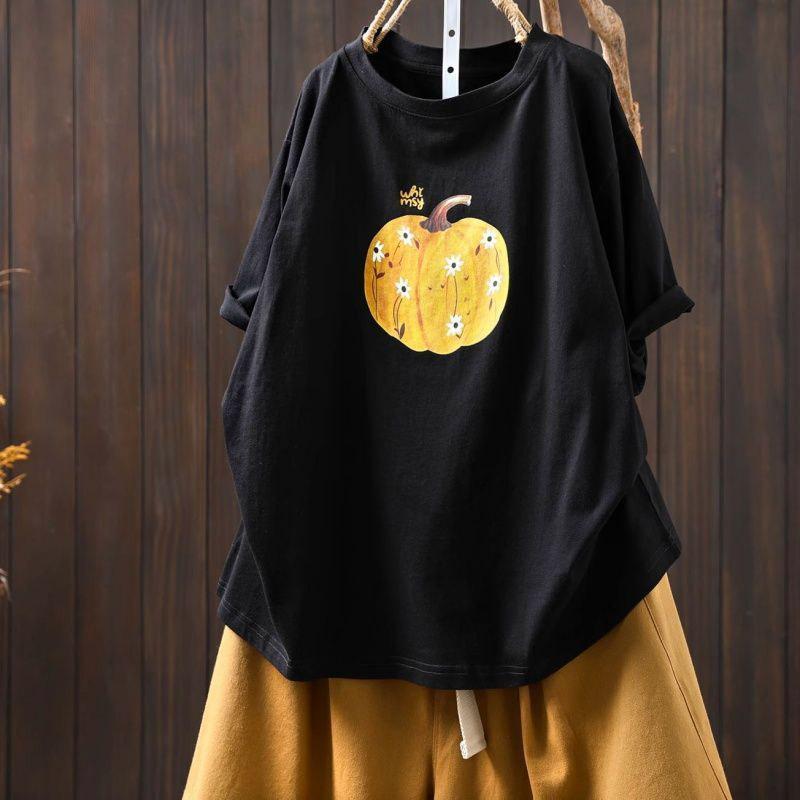 T-shirt for Women Summer Large Size Cotton Soft Loose Round Neck T-shirt Printed Casual Pullover T-shirt Top