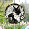Acrylic Tuxedo Cat with White Flowers Suncatcher, Stained Glass Effect Window Hanging Ornament for Cat & Pet Lover Gifts