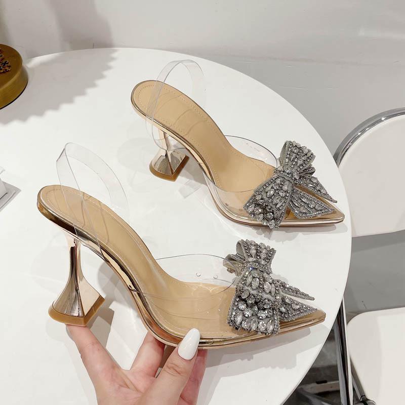 

Летние туфли-лодочки на высоком каблуке с бантиком из страз, с острым носком и прозрачными сандалиями в стиле юбки для женщин Size 41