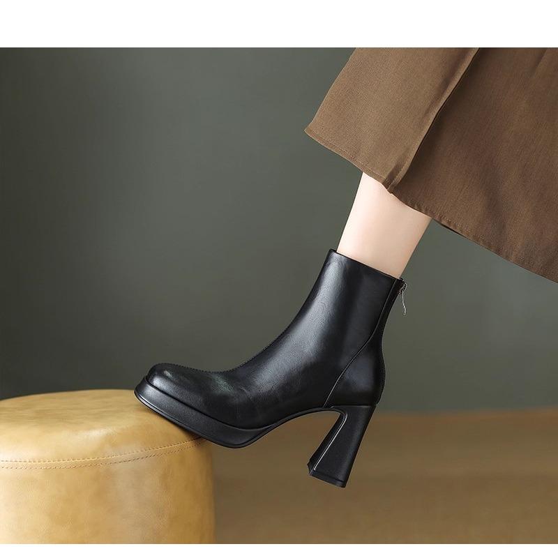 Fashion 2025 New Fall Winter Platform Back Zip Block Heel Booties Brown Vintage Boots