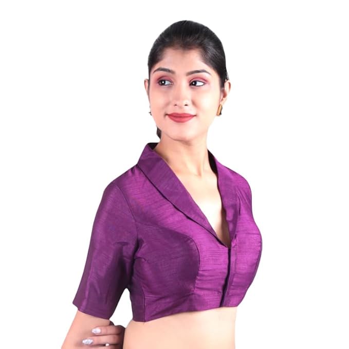 Women’s Solid Collar Neck Readymade Saree Blouse | Front Open Non Padded | Half Sleeve Art Silk Blouse