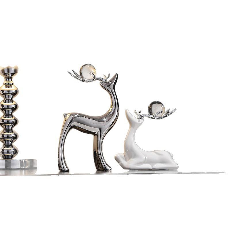 Modern Minimalist Ceramic Deer Figurine Set Living Room TV Cabinet Decor With Crystal Ball Or LED Light Option