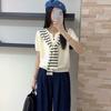 Striped Shawl fake two pieces sweater Versatile Short Sleeve casual Knitted Top For Spring & Summer Women's Clothing yellow Tops