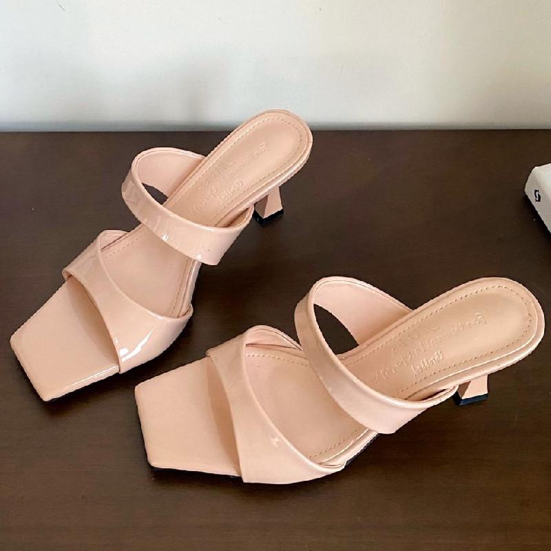 Fashion Square Toe Patent Leather Women Sandals Summer Open Toe Thin Heel Slide Sandals Elegant Simple High Heel Shoes for Woman