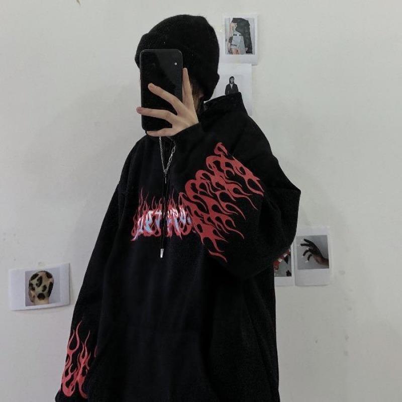 

Retro Flame Print Harajuku BF Style Hoodie - Plus Velvet, Loose Fit, Autumn/Winter S