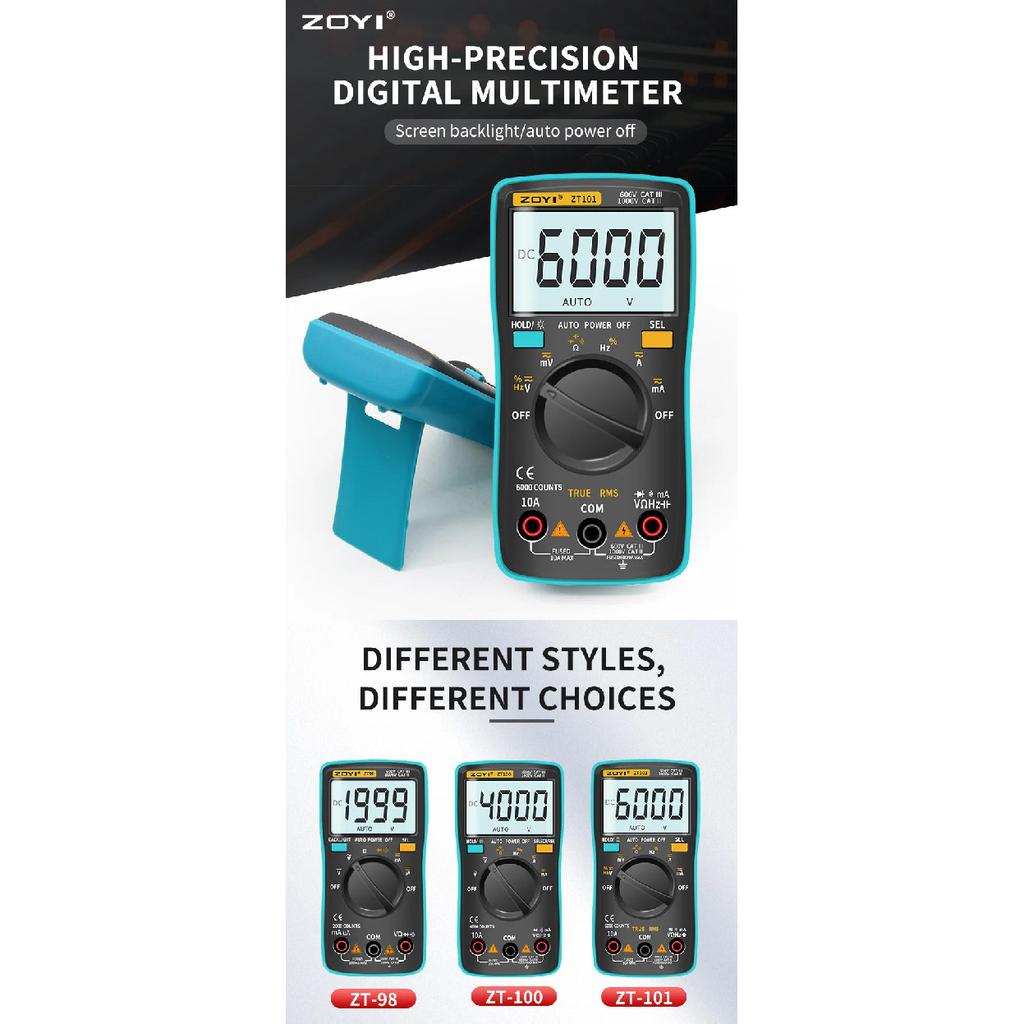 ZOYI Digital Multimeter ZT-98/100/101/102/102A Auto Ranging 6000 Counts AC/DC Ammeter Voltmeter Ohm Hz Ture RMS Tester Portable