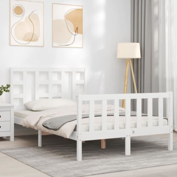 VidaXL Bed Frame with Headboard White Small Double Solid Wood 3191942