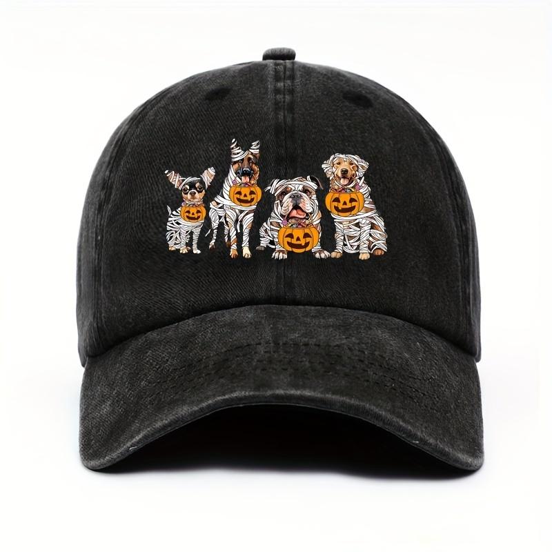 Halloween Pumpkin Puppy Printed Baseball Hat for Men and Women, Adjustable Black Holiday Design Perfect for Halloween Parties