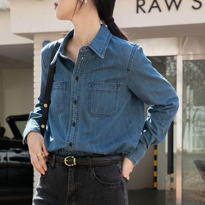 2025 Women's Chic Retro Denim Shirt - Soft Cotton, Long Sleeve, French Style for Spring/Autumn