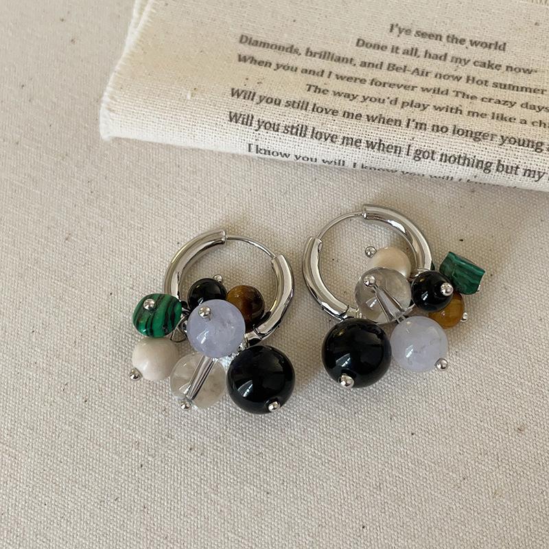 Retro Light Luxury Natural Stone Beaded Fringed Metal Ring Women'S Niche High-End Elegant Versatile Earrings