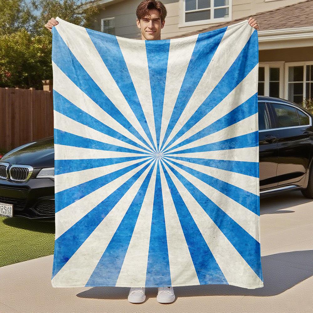 1PC Blue Stripes SunburstOutdoor Flannel Blanket - Soft Plush Decor for Picnics, camping, Bedroom, Playroom, Office, or Lunch Break 1299A