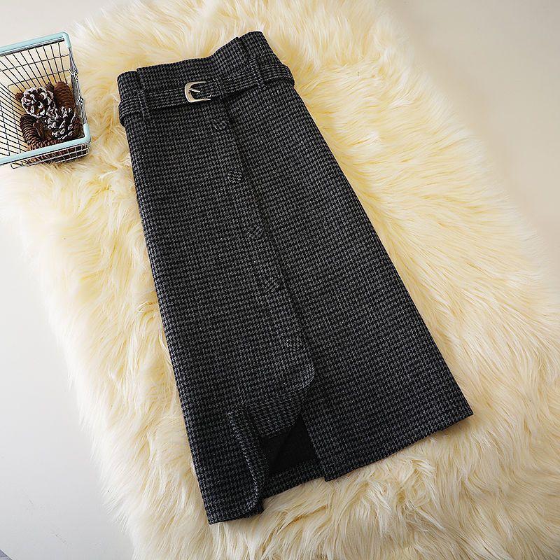 Women Plaid Wool Blend Midi Belted Skirts High Waist Slim Houndstooth A-Line Knee Length Skirt