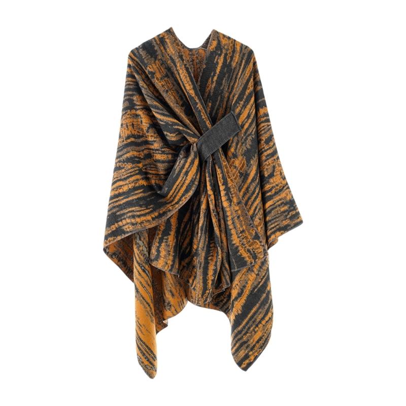 

Animal Print Thermal Open Front Capelet Shawl with Jacquard Design for Women Winter Fashionable Scarf Wearable Wrap оранжевый