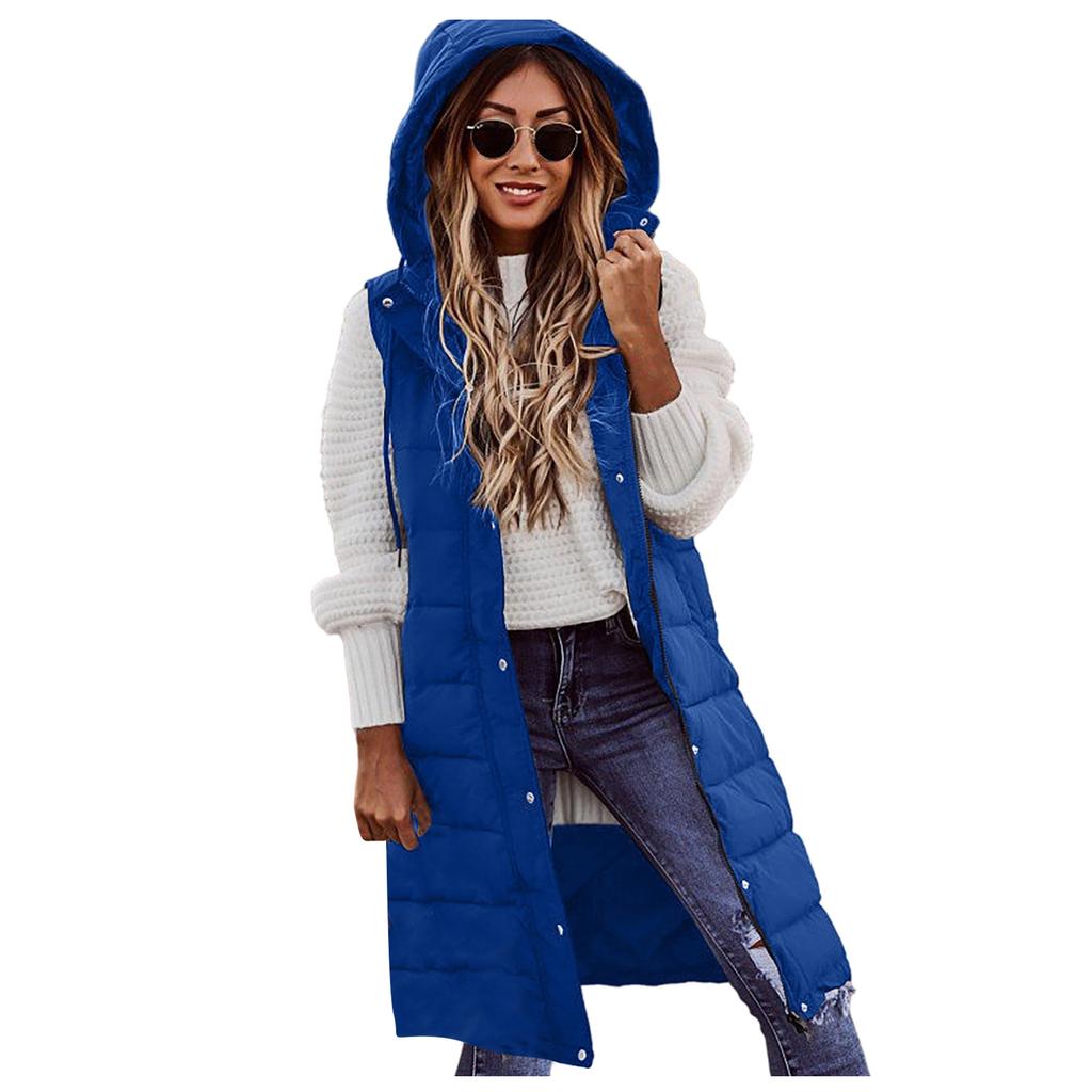 Womens Ladies Warm Plus Size Solid Color Hooded Single Breasted Medium Length Cotton Jacket Waistcoat Slim Cardigan Coat