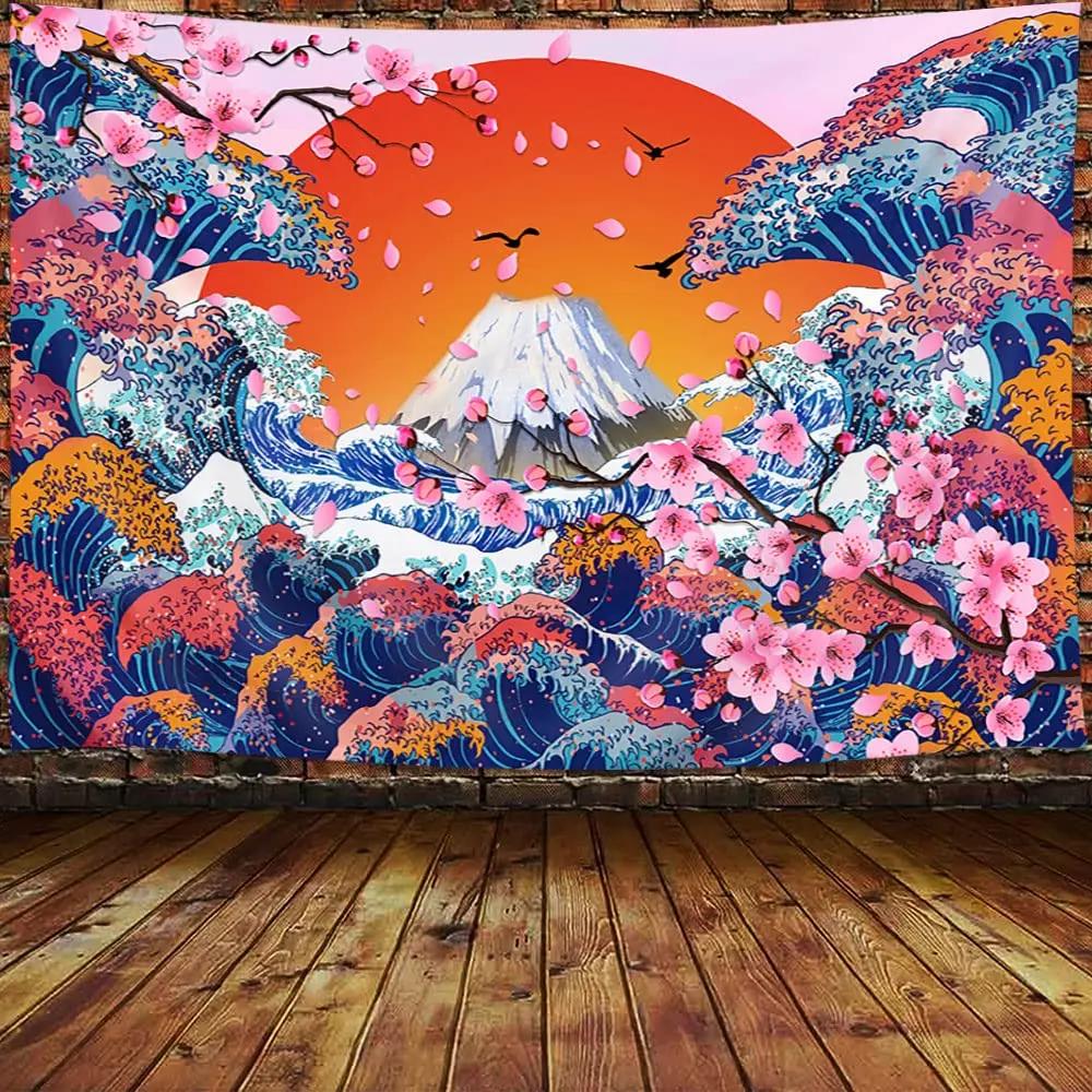 Anime krajina Tapiserie Japonská hora s třešňovými květy Tapiserie Sakura Vesnice Estetické umění Nástěnná tapiserie pro ložnici