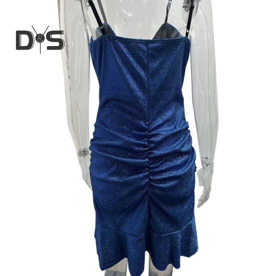 Women Slip Dress Ball Prom Party Mini Dress Sequin Slim Fit Backless Sleeveless Ruffle Hem Sling Dress Pleated Low-cut V Neck High Waist Summer Dress