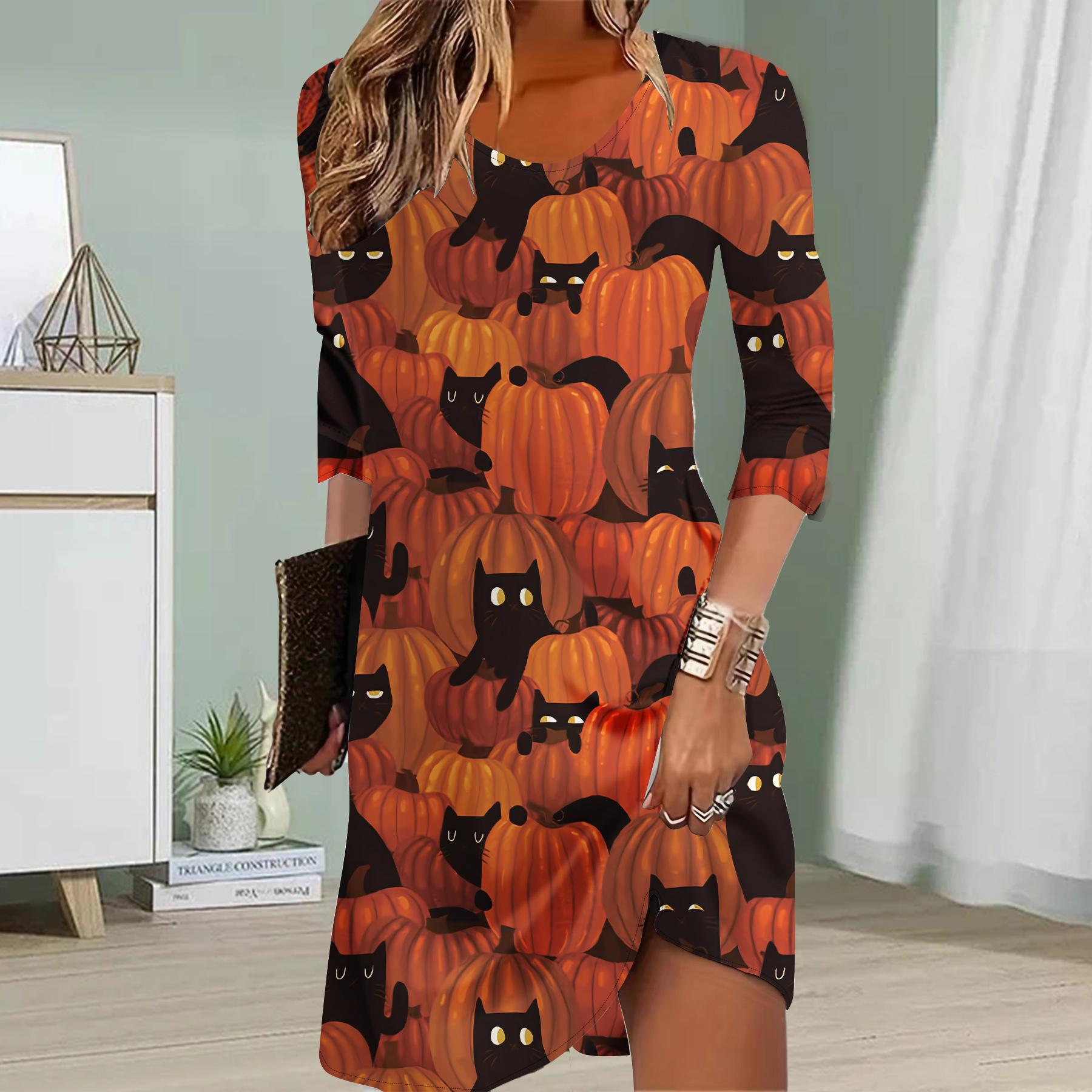

Женское повседневное платье с принтом тыквы на осень, платья для женщин с круглым вырезом и коротким рукавом, платье больших размеров XL чёрный