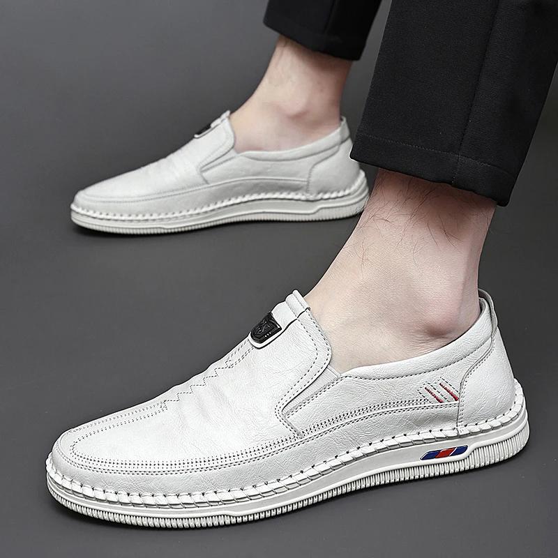 Summer Men Leather Four Seasons Single Shoes Handsewn Casual Shoes Comfort Breathable Soft Men's Driving Shoes Handmade Sneakers