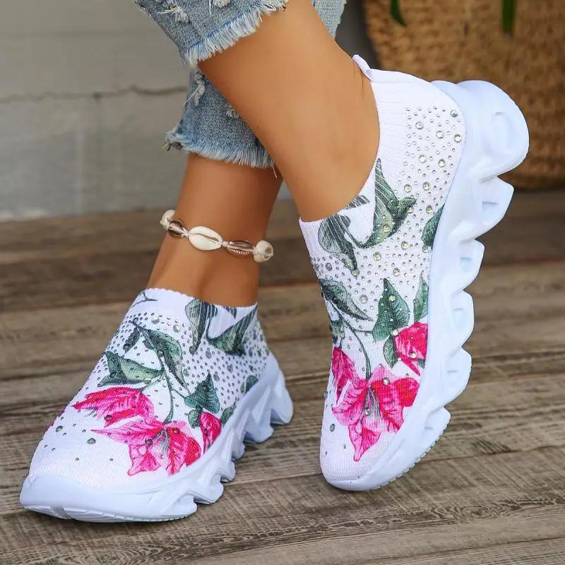 Multi Color Floral Print Chunky Heel Sneakers Women Rhineshion Mesh Sport Shoes Thick Platform Soft Comfort Woman Shoes