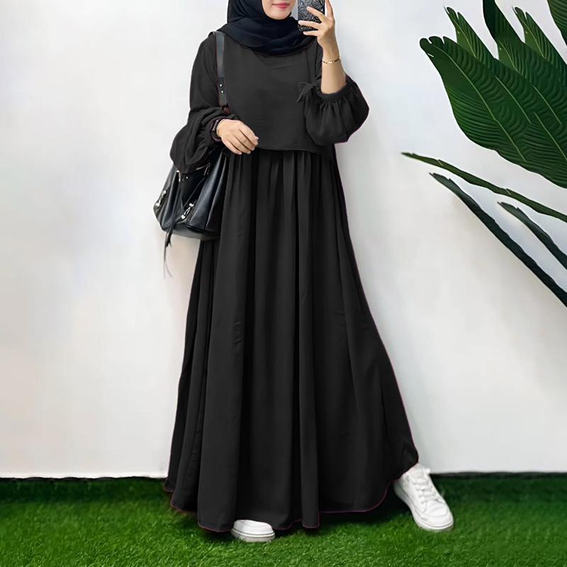 ZANZEA Muslimische Damen Lässig Rundhals Langarm Locker Langes Kleid 3XL schwarz
