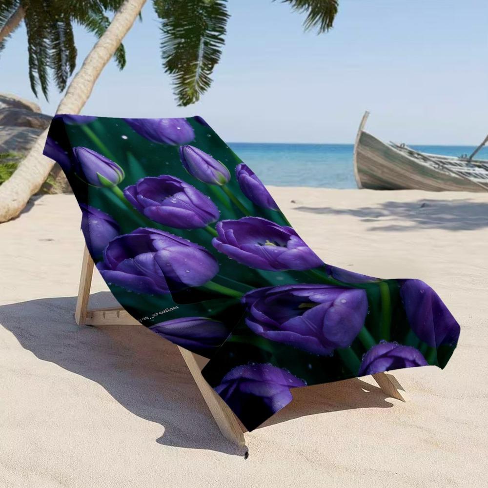 Oversized Floral Beach Towel, Soft Microfiber Quick Dry Purple Tulip Print Bath Towel, Large Beach Blanket for Pool & Travel