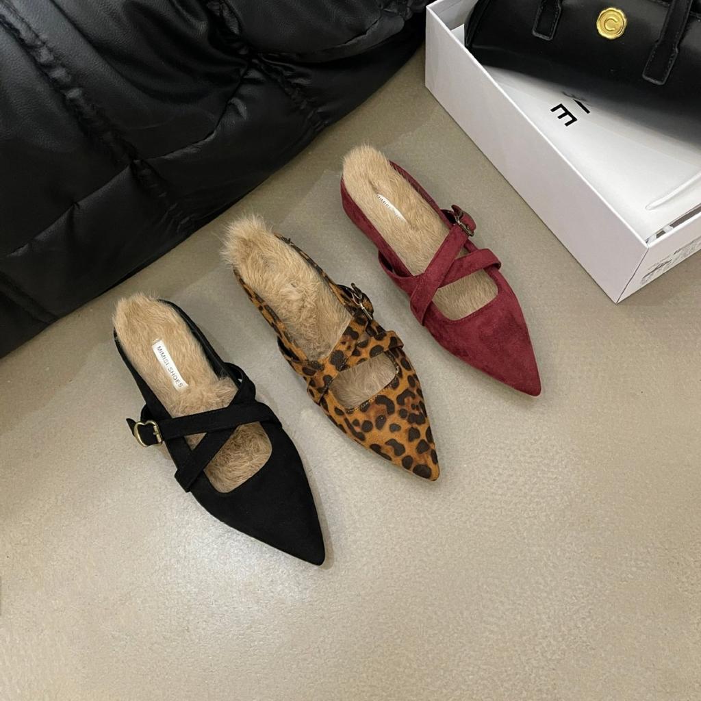 2025 autumn new suede one-word with real rabbit fur thick-soled outer wear half drag inner thick-soled leopard print women's tide shoes