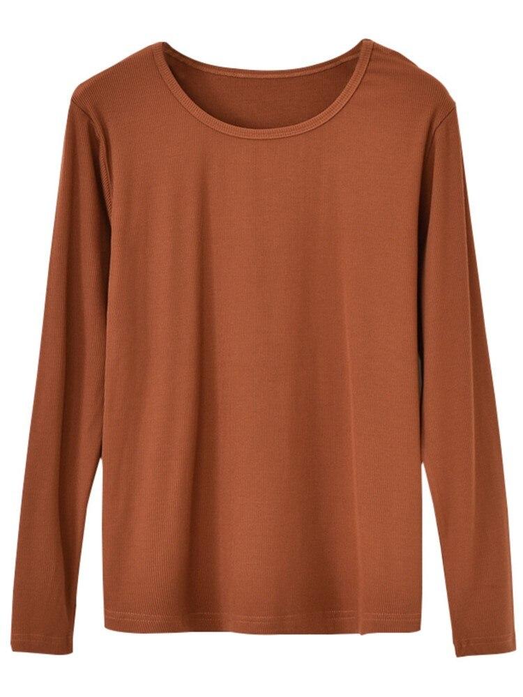 

Johnature женские однотонные хлопковые осенние футболки с длинными рукавами, мягкие повседневные женские футболки XL коричневый