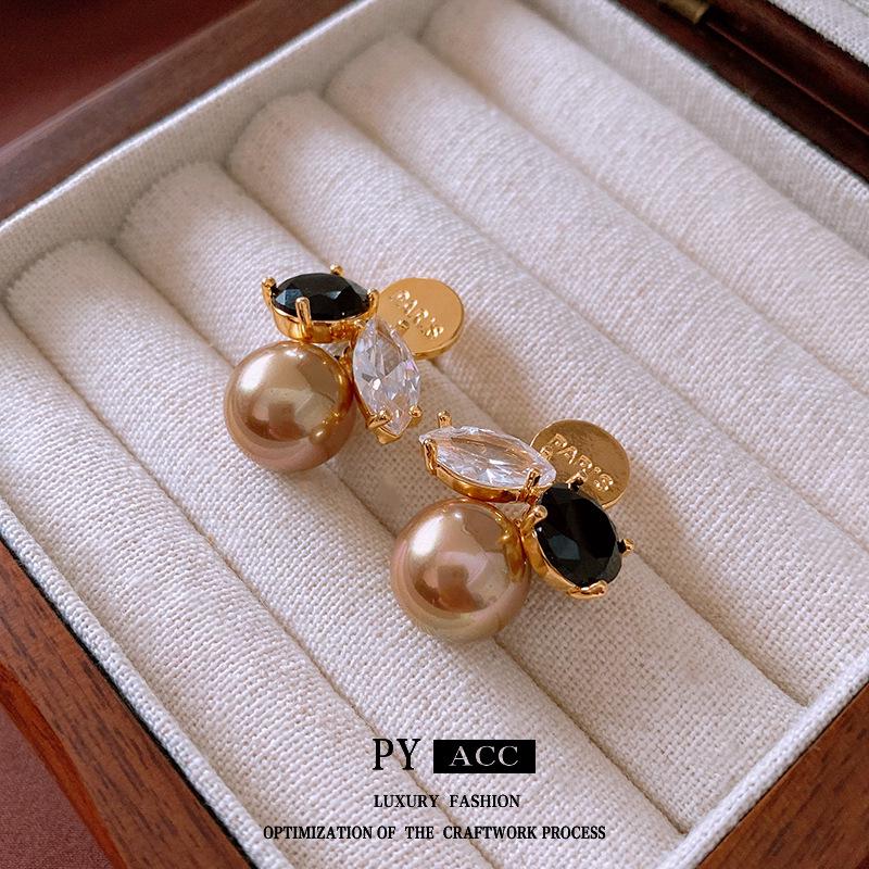 

Gold-Plated Silver Earrings with Diamonds & Pearl Studs - French Fashion High-End Women s Accessories