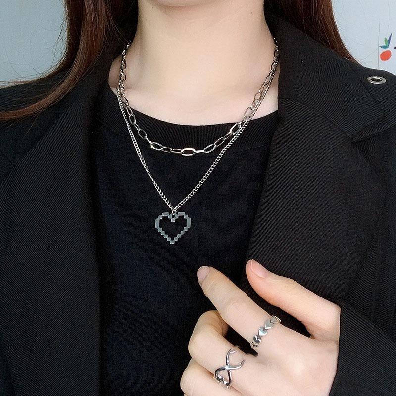Trend fashion double-layer stacked wearing hollow love necklace new trendy niche personality men's and women's hip-hop collarbone chain