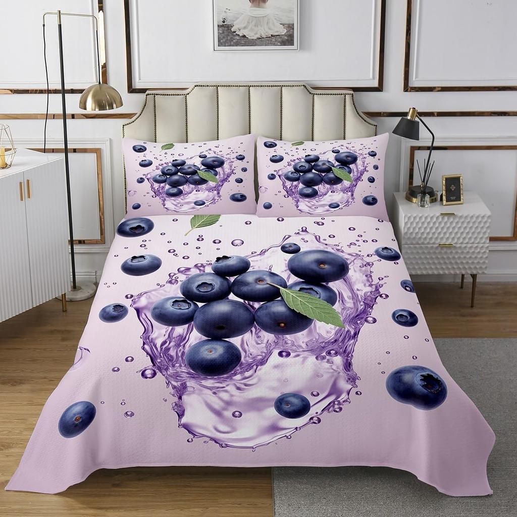 Cartoon Blueberry Bedspread Summer Tropical Fruit Quilted Coverlet Watercolor Botanical Leaves Flower Bedding Set for Teen Adult