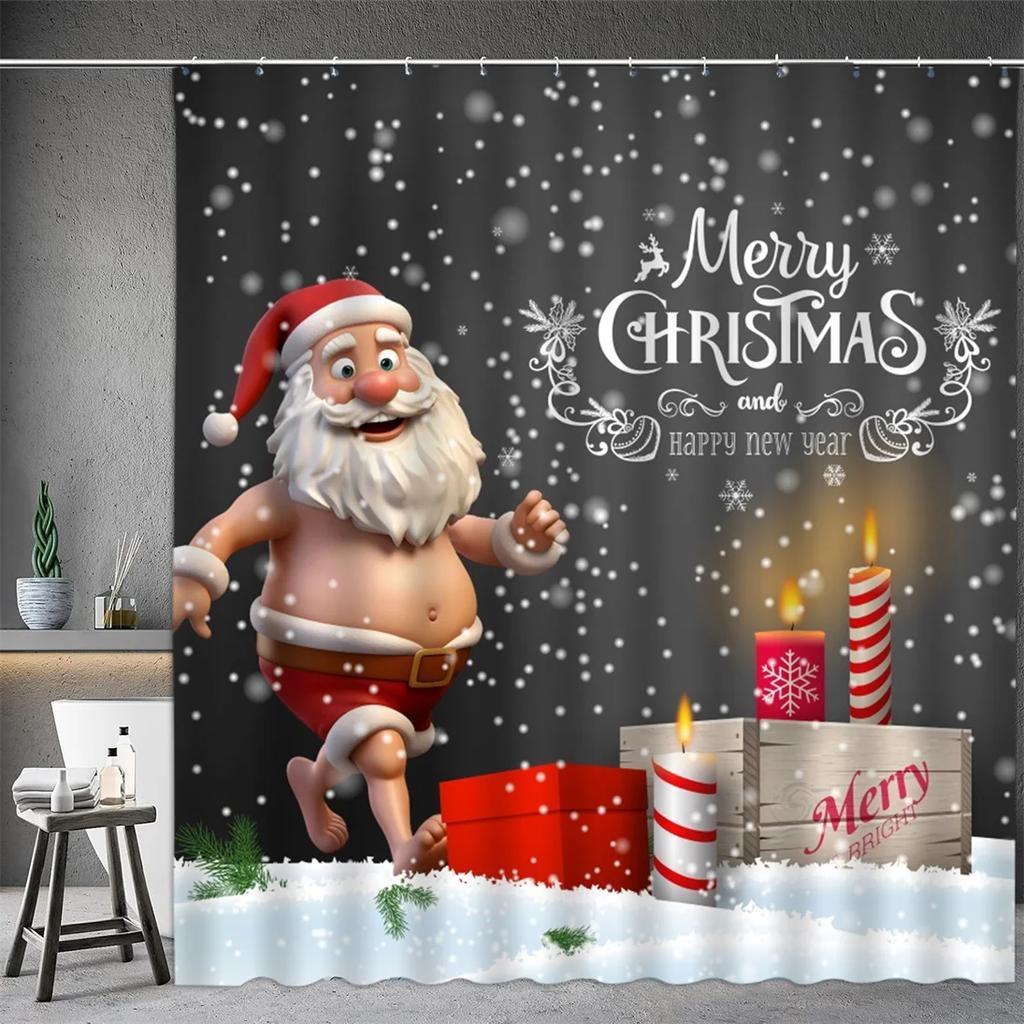 Christmas Shower Curtain, Winter Snowman Santa Claus Snowflake Gnome Farm Truck Berry Christmas Tree Cartoon Bathroom Decorati