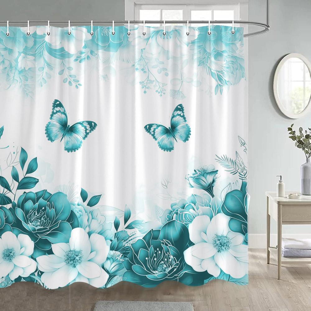 Blue Butterfly Floral Shower Curtains Watercolour Flowers Plant Bath Curtain Polyester Fabric Home Bathroom Bathtub Decoration