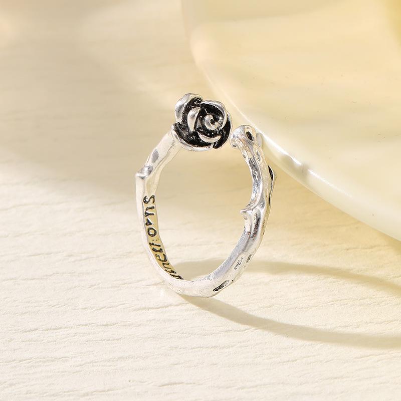 

Кільце на відкритий палець Yunjin у стилі ретро з квіткою троянди - Тайське срібло, Універсальний вінтажний стиль для жінок