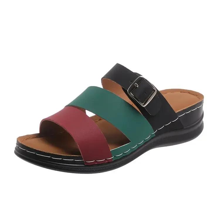 Fashion New Women's Mixed Color Wedges Slippers Summer Peep Toe Non Slip Beach Shoes Woman Buckle Decor Slippers Platform Roman Sandals