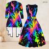 Women Plus Size Star Printed Two Piece Set Sleeveless Round Neck Tie Waist Flared Dress 3 4 Sleeve Open Cardigan